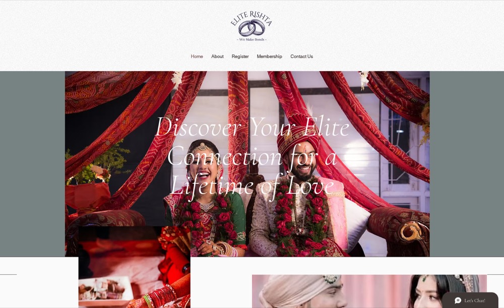 Elite Rishta homepage — matrimony service with wedding photography