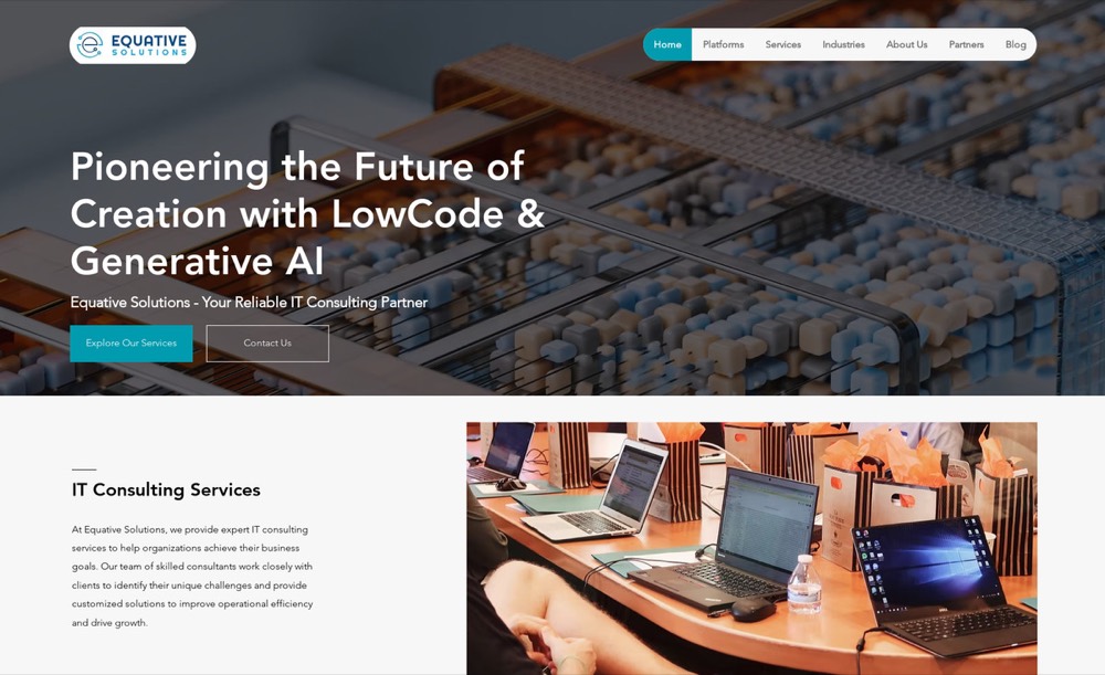 Equative Solutions homepage — IT consulting site with low-code and generative AI positioning