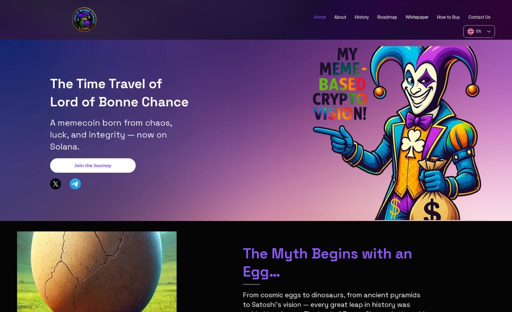 Lord of Bonne Chance homepage — Solana memecoin site with jester mascot