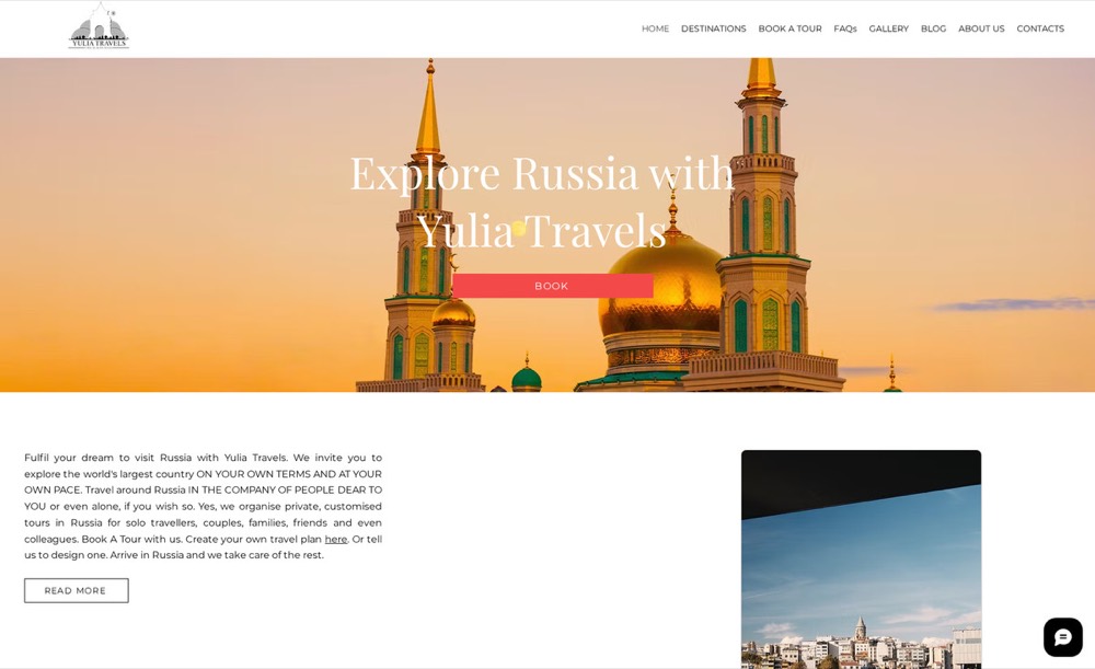 Yulia Travels homepage — Russia tour operator with Moscow mosque at sunset